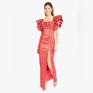 Black Halo Prince Metallic Ruffle-sleeve Gown, size 10, rose glow color